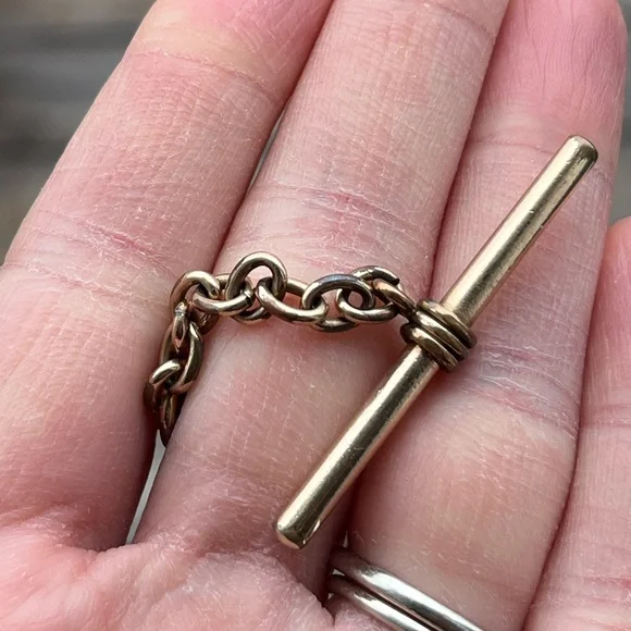 28.46 Gram Gold Filled Albert Chain with Dog Clip, T-Bar and Slide Charm- Flaw - Picture 14 of 17